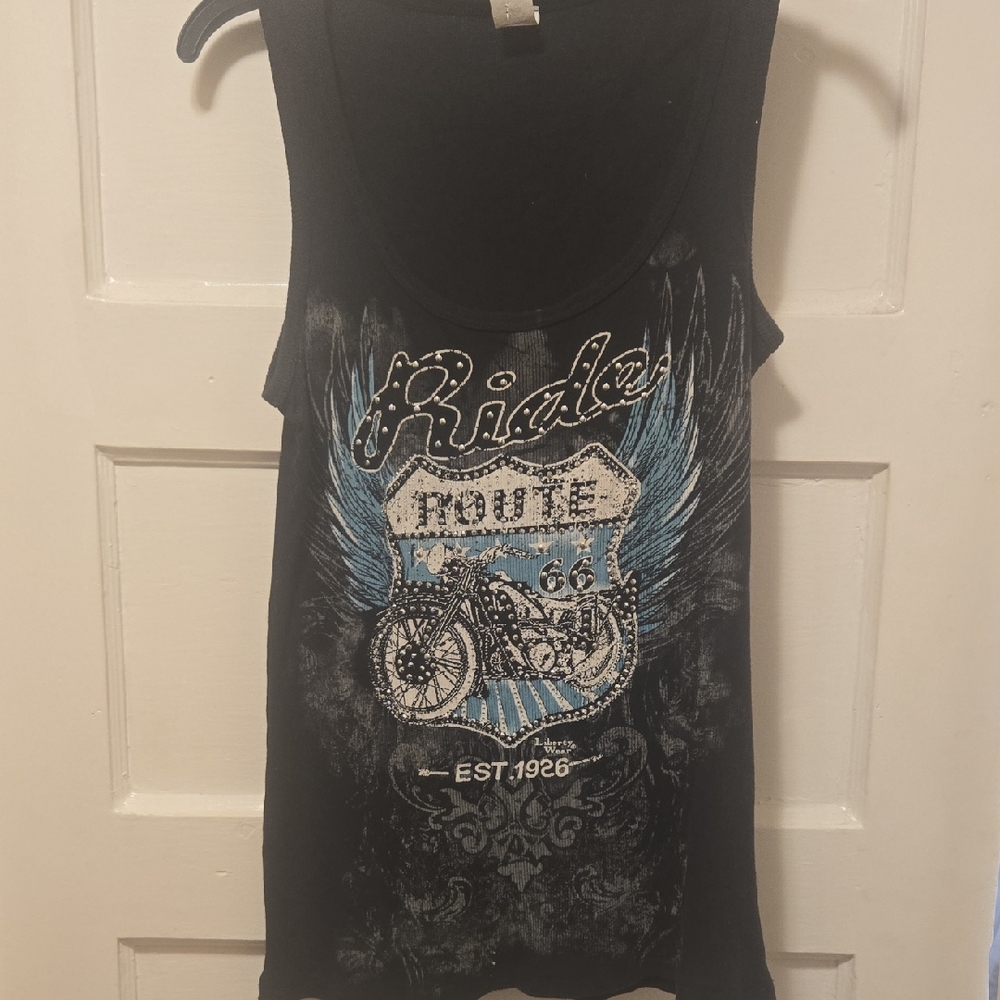 Liberty Black Tank Top with Blue and White Graphic.  It Is